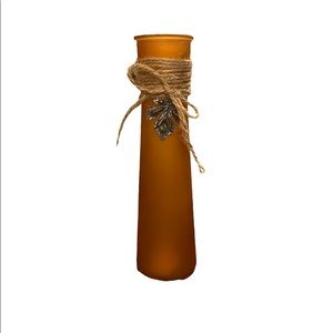 Frosted Vase (orange) with twine and hanging metal leaf